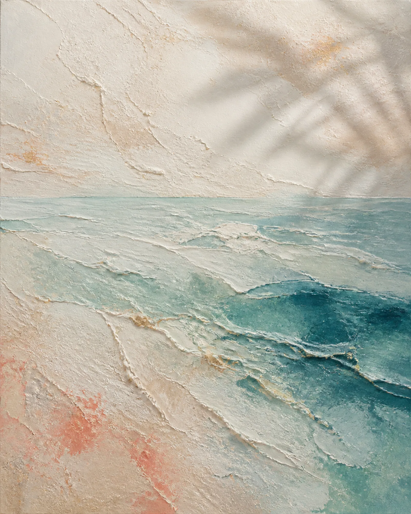 Concept study of a textured abstract coastal scene in ivory, sea-glass blue, teal, coral, and pale gold